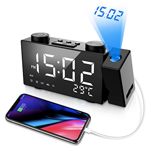 ORSERA Despertador Proyector,Radio Reloj FM, 6 '' LED Pantalla Grande,Proyector Giratorio de 180°,Dobles Alarmas,con Puerto de Carga USB,12/24 Horas,Temperatura,Humedad hogar,Cocina,Dormitorio