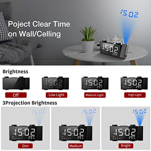 ORSERA Despertador Proyector,Radio Reloj FM, 6 '' LED Pantalla Grande,Proyector Giratorio de 180°,Dobles Alarmas,con Puerto de Carga USB,12/24 Horas,Temperatura,Humedad hogar,Cocina,Dormitorio