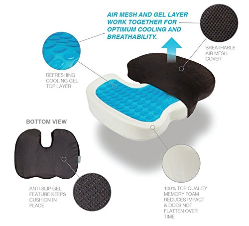 Orthopedic Seat Cushion - Cool Gel & Memory Foam Gel Pillow Seat for Back Support - Cushions Tailbone, Relieves Pressure on Legs, Spine, Hips - Comfort for Chair, Plane, Wheelchair, Driving, Office