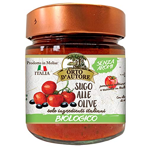 ORTO D'AUTORE Salsa de Tomate y Aceitunas BIO 3 X 180 gr, Salsa Lista Artesanales 100% Vegetales, Salsa de Aceitunas 100% Italianos con Ingredientes Natural y sin Aromas, Tarro de 2 Porciones