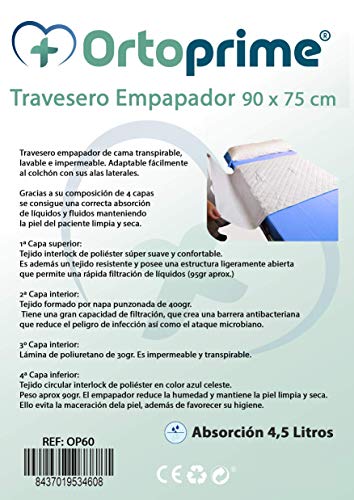 OrtoPrime Empapador Cama Super Absorbente 4,5 Litros - Más de 400 Lavados - Protector Colchón 4 Capas - Adultos Bebes y Niños - Protector Cama con Alas - Empapador Lavable 90 x 75