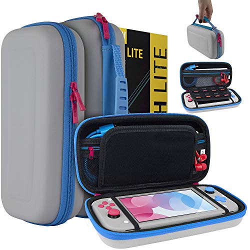 Orzly Case for Nintendo Switch Lite - Portable Travel Carry Case with Storage for Switch Lite Games and Accessories [Grey/Blue with a Tint of Pink Special Edition]