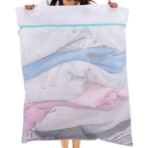 OTraki Bolsa Colada XXL 90 x 110 cm Red Lavadora Grande para Hogar y Hotel con Cremallera de Metal Azul, Saco Lavadora Lavandería para Ropas Delicadas, Abrigo, Vestido, Prendas de Cama, Blanco