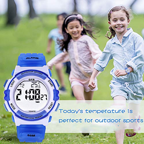 OTS - Reloj Deportivo de Estudiantes Jovenes Reloj de Pulsera Digital a Prueba de Agua para Ducharse Relojes Electrónico de Luces de Noche Coloridas para Niño Azul Claro