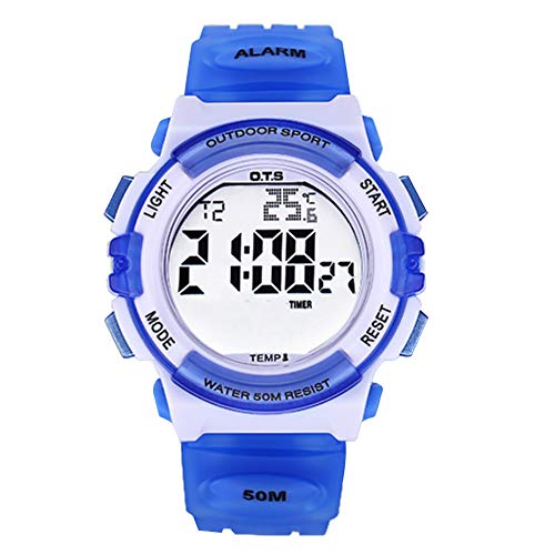 OTS - Reloj Deportivo de Estudiantes Jovenes Reloj de Pulsera Digital a Prueba de Agua para Ducharse Relojes Electrónico de Luces de Noche Coloridas para Niño Azul Claro