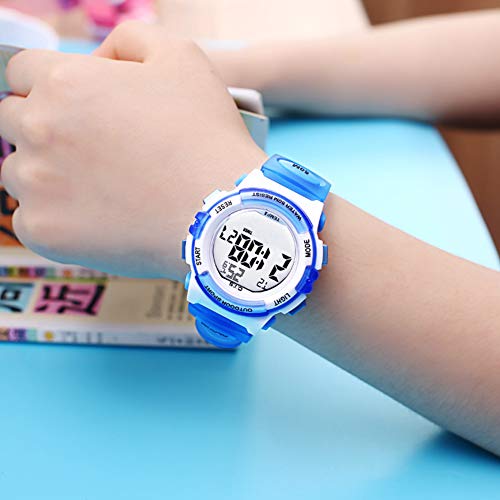 OTS - Reloj Deportivo de Estudiantes Jovenes Reloj de Pulsera Digital a Prueba de Agua para Ducharse Relojes Electrónico de Luces de Noche Coloridas para Niño Azul Claro