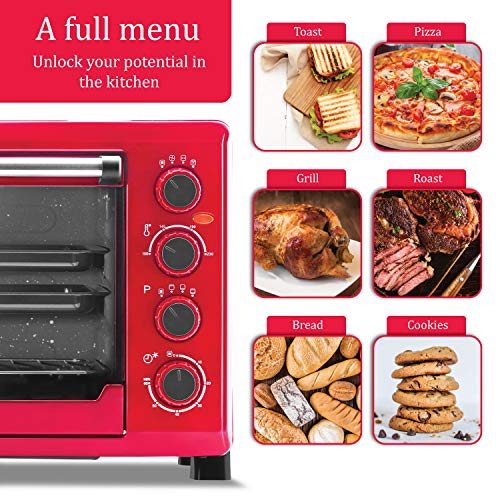 Oursson MO4225/RD - Mini Horno eléctrico con convección, autolimpieza catalítica, 4 años, 42 litros, 2000 W, 12 Combinaciones de Cocina, Color Rojo (42 litros)