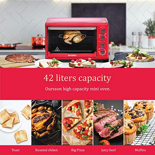 Oursson MO4225/RD - Mini Horno eléctrico con convección, autolimpieza catalítica, 4 años, 42 litros, 2000 W, 12 Combinaciones de Cocina, Color Rojo (42 litros)