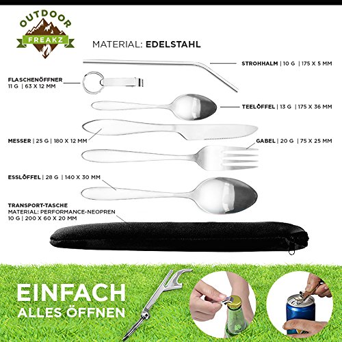 OUTDOOR FREAKZ Cubiertos para cámping - Vajilla de Exteriores de Acero Inoxidable con Bolsa de Neopreno (Negro +)