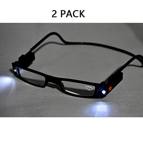 Outech Gafas de Lectura con Luz LED, Gafas para Leer Plegables, Montura Negra, Rectangular, 2 Pack, Unisex