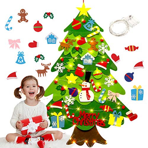 Outgeek Fieltro Árbol de Navidad, 3.2ft DIY Christmas Hanging Tree Set con 50 Luces LED 32 Piezas Adornos Árbol de Navidad para niños Decoración de la Pared de la Puerta del hogar