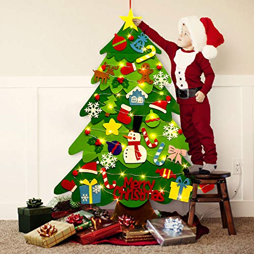 Outgeek Fieltro Árbol de Navidad, 3.2ft DIY Christmas Hanging Tree Set con 50 Luces LED 32 Piezas Adornos Árbol de Navidad para niños Decoración de la Pared de la Puerta del hogar