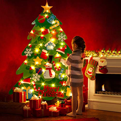 Outgeek Fieltro Árbol de Navidad, 3.2ft DIY Christmas Hanging Tree Set con 50 Luces LED 32 Piezas Adornos Árbol de Navidad para niños Decoración de la Pared de la Puerta del hogar