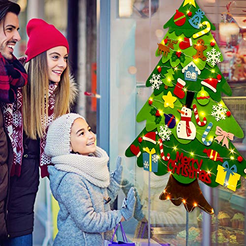 Outgeek Fieltro Árbol de Navidad, 3.2ft DIY Christmas Hanging Tree Set con 50 Luces LED 32 Piezas Adornos Árbol de Navidad para niños Decoración de la Pared de la Puerta del hogar