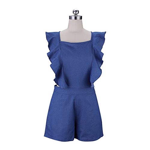 Overall Mujer Cortos Elegante Sin Mangas Espalda Descubierta con Volantes Ropa de Fiesta Vaqueros Mono Verano Vintage Fashion Ocasional Beach Denim Playsuit Monos (Color : Blau, Size : M)