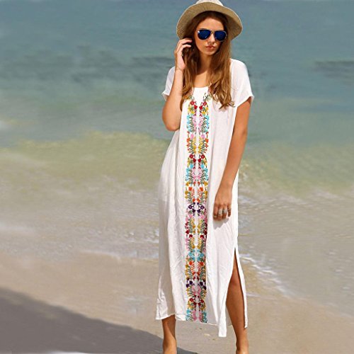 Overdose 2018 Mejor Venta Mujeres Verano Playa Recta Traje De BañO Bordado Cubrir Manga Corta Vestido Largo (Tamaño Libre, Blanco)
