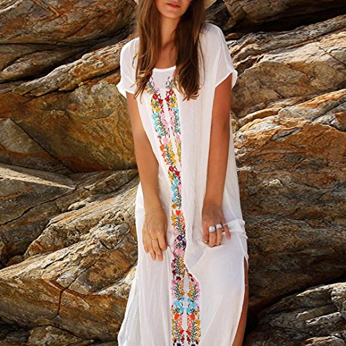 Overdose 2018 Mejor Venta Mujeres Verano Playa Recta Traje De BañO Bordado Cubrir Manga Corta Vestido Largo (Tamaño Libre, Blanco)