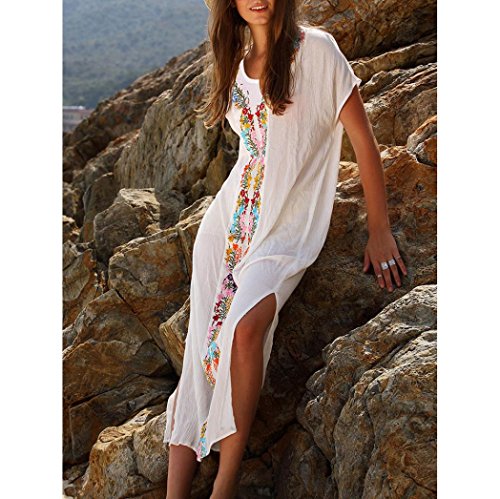 Overdose 2018 Mejor Venta Mujeres Verano Playa Recta Traje De BañO Bordado Cubrir Manga Corta Vestido Largo (Tamaño Libre, Blanco)