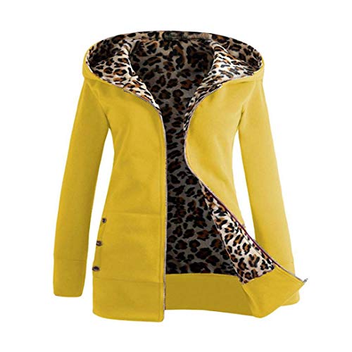 Overdose Las Mujeres MáS De Terciopelo Engrosada con Capucha Linda Dama SuéTer Leopard Cremallera Capa con Capucha Sudadera (Small, Amarillo)