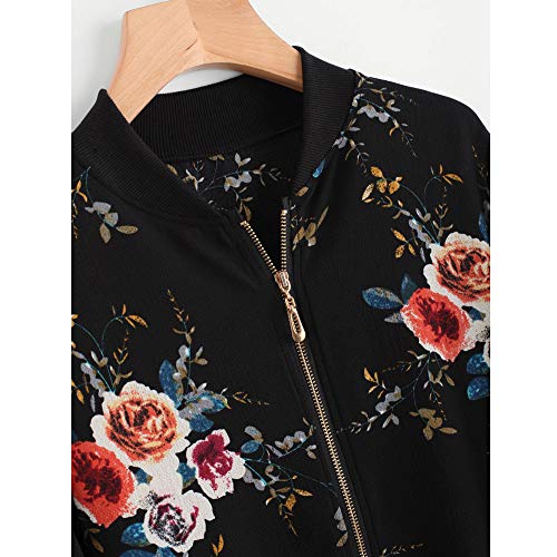 Overdose Las Nuevas SeñOras De Las Mujeres Retro Floral O-Cuello Zipper Up Bomber Mejor Venden Chaqueta Casual Outwear (XXL, M-Negro)