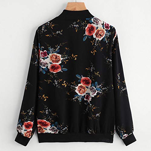 Overdose Las Nuevas SeñOras De Las Mujeres Retro Floral O-Cuello Zipper Up Bomber Mejor Venden Chaqueta Casual Outwear (XXL, M-Negro)
