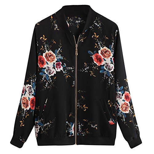 Overdose Las Nuevas SeñOras De Las Mujeres Retro Floral O-Cuello Zipper Up Bomber Mejor Venden Chaqueta Casual Outwear (XXL, M-Negro)