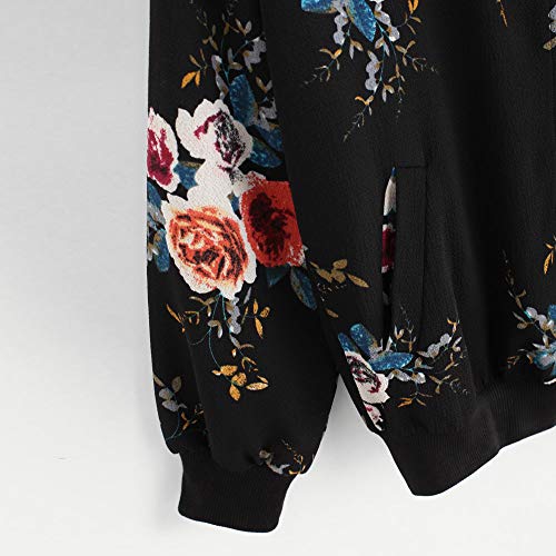 Overdose Las Nuevas SeñOras De Las Mujeres Retro Floral O-Cuello Zipper Up Bomber Mejor Venden Chaqueta Casual Outwear (XXL, M-Negro)