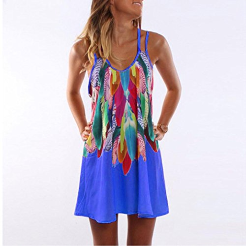 Overdose Minifalda De Swool Bohemio con Estampado Mujer Falda Gasa Sin Mangas Cuello En Pico Sneaky (L, Azul)