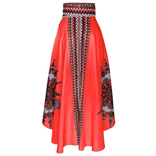Overdose OtoñO Verano Nuevas Mujeres Africanas Impreso Verano Boho Vestido Largo Vestido De Bola Beach Evening Party Maxi Falda (M, Rojo)