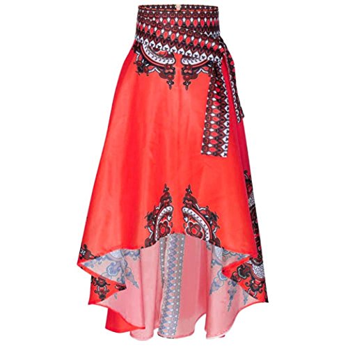 Overdose OtoñO Verano Nuevas Mujeres Africanas Impreso Verano Boho Vestido Largo Vestido De Bola Beach Evening Party Maxi Falda (M, Rojo)