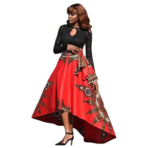 Overdose OtoñO Verano Nuevas Mujeres Africanas Impreso Verano Boho Vestido Largo Vestido De Bola Beach Evening Party Maxi Falda (M, Rojo)