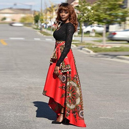 Overdose OtoñO Verano Nuevas Mujeres Africanas Impreso Verano Boho Vestido Largo Vestido De Bola Beach Evening Party Maxi Falda (M, Rojo)