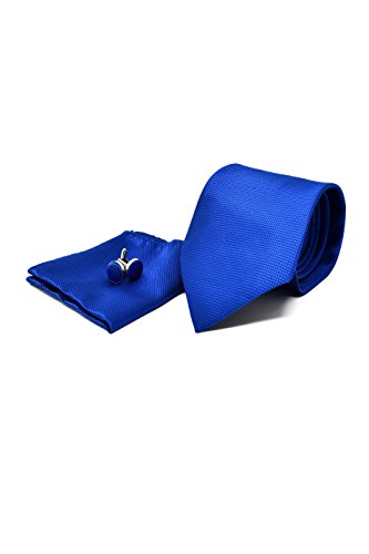 Oxford Collection Corbata de hombre, Pañuelo de Bolsillo y Gemelos Azul - 100% Seda - Clásico, Elegante y Moderno - (Caja y Conjunto de Regalo, ideal para una boda, con un traje, en la oficina.)