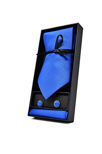 Oxford Collection Corbata de hombre, Pañuelo de Bolsillo y Gemelos Azul - 100% Seda - Clásico, Elegante y Moderno - (Caja y Conjunto de Regalo, ideal para una boda, con un traje, en la oficina.)