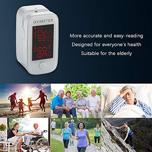 Oxímetro de pulso con punta de dedo Dericam, monitor de saturación de oxígeno en la sangre, medidor de oxígeno Spo2 y frecuencia cardíaca precisa, oxímetro con cordón y baterías, blanco