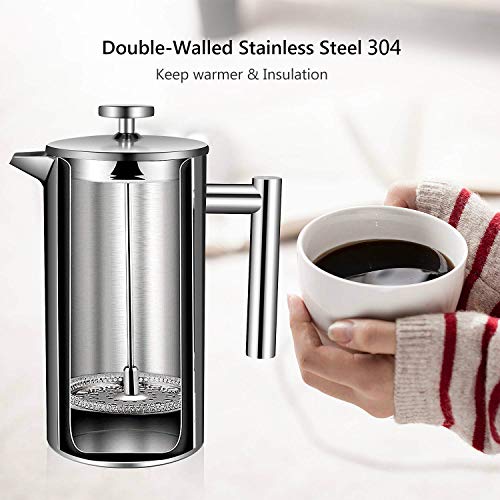 OZAVO Cafetera de Émbolo Individual Prensa Francesa Cafetera Acero Inoxidable con 3 Filtros Gratis Capacidad 1L- Color Plateado