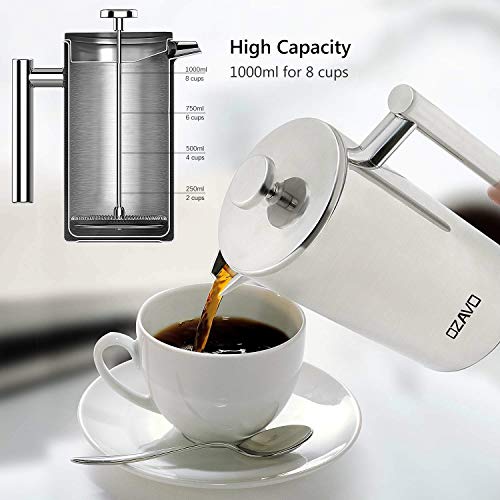 OZAVO Cafetera de Émbolo Individual Prensa Francesa Cafetera Acero Inoxidable con 3 Filtros Gratis Capacidad 1L- Color Plateado
