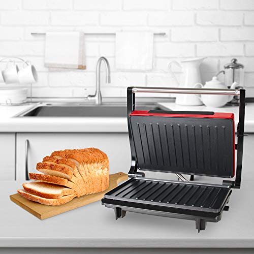 OZAVO Sandwichera Grill Panini & Toast, Parrilla eléctrica, Potencia de 750 W, Placas de Grill Antiadherentes, Asa de Toque Frío, Libre de BPA, Color Rojo