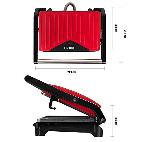 OZAVO Sandwichera Grill Panini & Toast, Parrilla eléctrica, Potencia de 750 W, Placas de Grill Antiadherentes, Asa de Toque Frío, Libre de BPA, Color Rojo