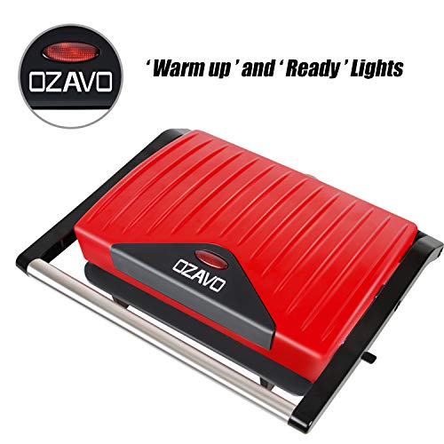 OZAVO Sandwichera Grill Panini & Toast, Parrilla eléctrica, Potencia de 750 W, Placas de Grill Antiadherentes, Asa de Toque Frío, Libre de BPA, Color Rojo