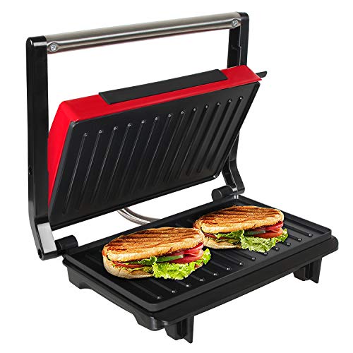 OZAVO Sandwichera Grill Panini & Toast, Parrilla eléctrica, Potencia de 750 W, Placas de Grill Antiadherentes, Asa de Toque Frío, Libre de BPA, Color Rojo