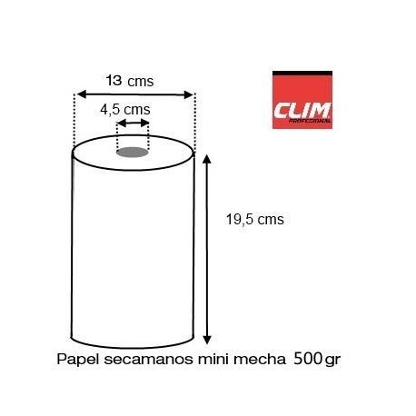 Pack de 12 rollos de papel secamanos MINI mecha Clim Profesional®. Papel extrablanco de 2 capas y precortado