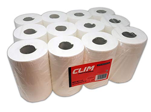 Pack de 12 rollos de papel secamanos MINI mecha Clim Profesional®. Papel extrablanco de 2 capas y precortado