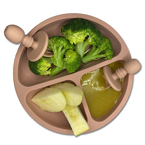 Pack de Bebe para Alimentación de Silicona Impermeable BLW/Plato Con Ventosa Antideslizante y Antivuelco para Recién Nacido/Babero Flexible Protege pechitos del bebe (Rosa)