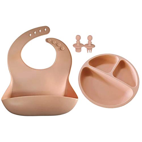 Pack de Bebe para Alimentación de Silicona Impermeable BLW/Plato Con Ventosa Antideslizante y Antivuelco para Recién Nacido/Babero Flexible Protege pechitos del bebe (Rosa)