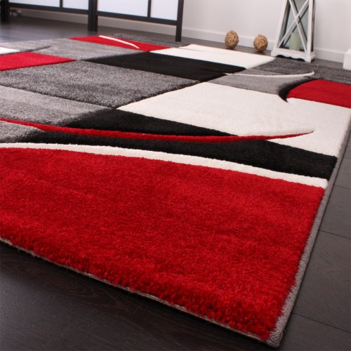 Paco Home Alfombra De Diseño Perfilado - A Cuadros En Rojo Negro, tamaño:160x230 cm