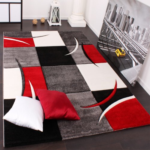 Paco Home Alfombra De Diseño Perfilado - A Cuadros En Rojo Negro, tamaño:160x230 cm