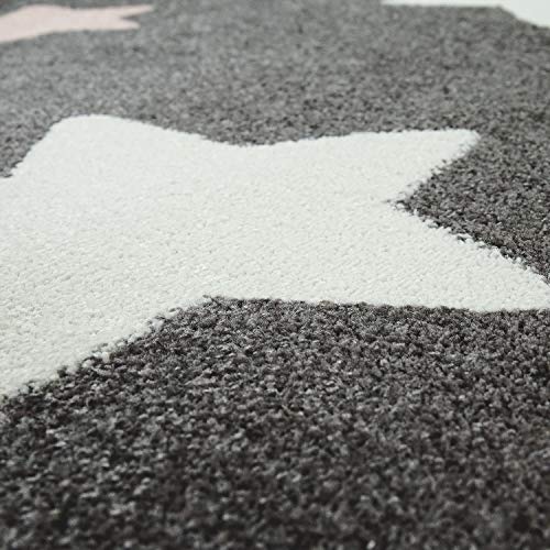 Paco Home Alfombra Habitación Infantil Estrellas Grandes Y Pequeñas En Gris Y Rosa, tamaño:140x200 cm