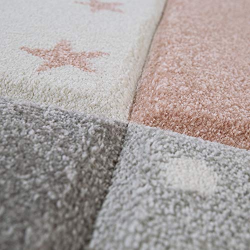 Paco Home Alfombra Infantil Moderna Pastel Cuadros Estrellas Lunares Diseño En Rosa Gris, tamaño:140x200 cm