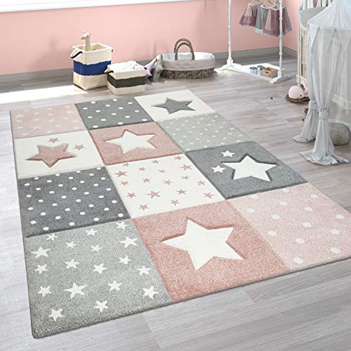 Paco Home Alfombra Infantil Moderna Pastel Cuadros Estrellas Lunares Diseño En Rosa Gris, tamaño:140x200 cm